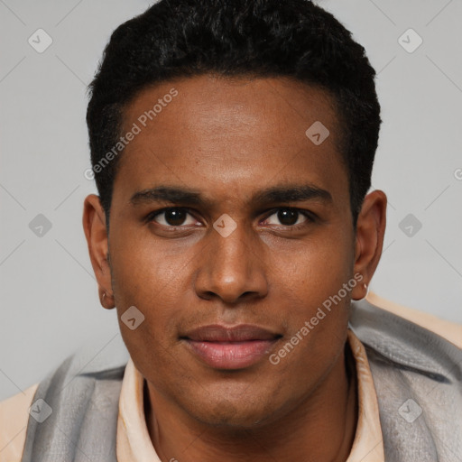 Neutral latino young-adult male with short  black hair and brown eyes