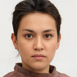 Neutral white young-adult female with short  brown hair and brown eyes