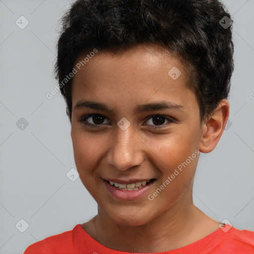 Joyful white child male with short  brown hair and brown eyes