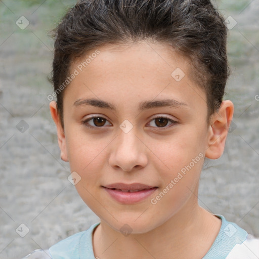 Joyful white child female with short  brown hair and brown eyes