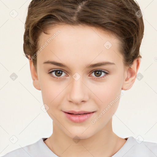 Joyful white child female with short  brown hair and brown eyes