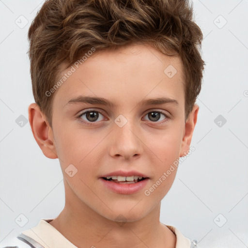 Joyful white child male with short  brown hair and brown eyes