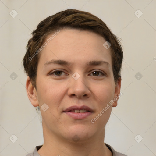 Joyful white young-adult female with short  brown hair and brown eyes