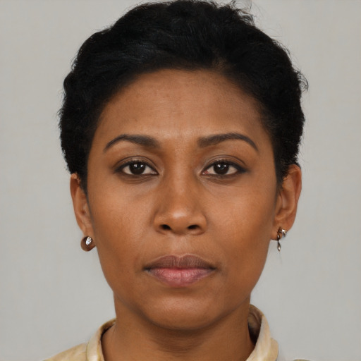 Neutral latino young-adult female with short  brown hair and brown eyes