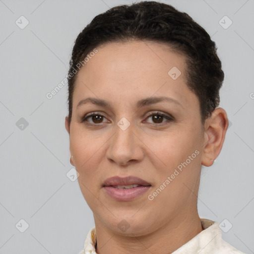 Joyful white adult female with short  brown hair and brown eyes