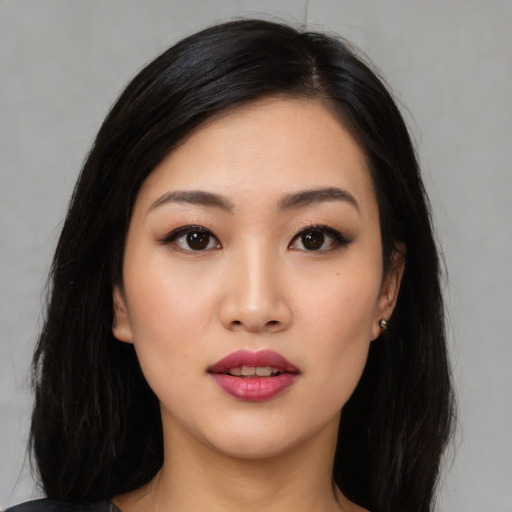 Neutral asian young-adult female with long  black hair and brown eyes
