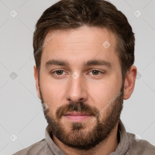 Neutral white young-adult male with short  brown hair and brown eyes