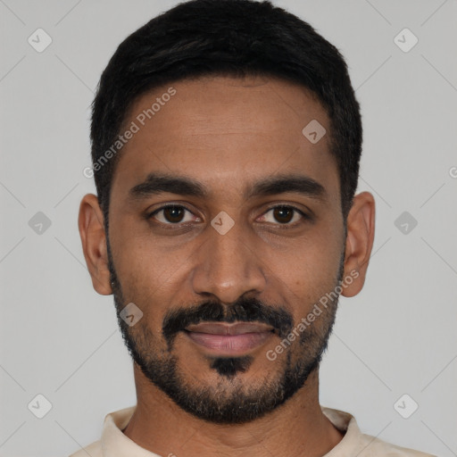 Neutral latino young-adult male with short  black hair and brown eyes