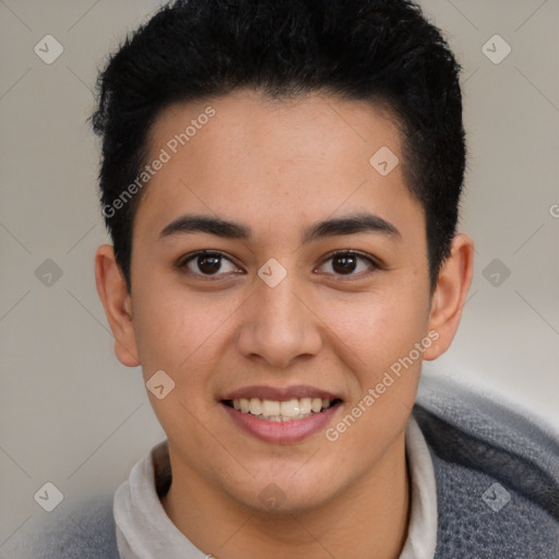 Joyful latino young-adult male with short  brown hair and brown eyes