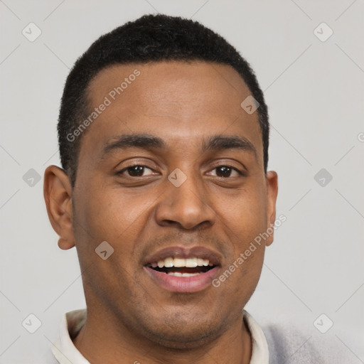 Joyful black young-adult male with short  black hair and brown eyes