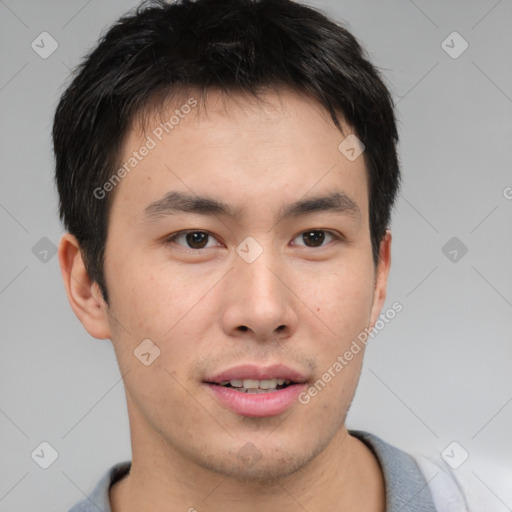 Neutral asian young-adult male with short  brown hair and brown eyes