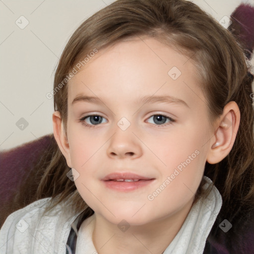 Joyful white child female with medium  brown hair and grey eyes