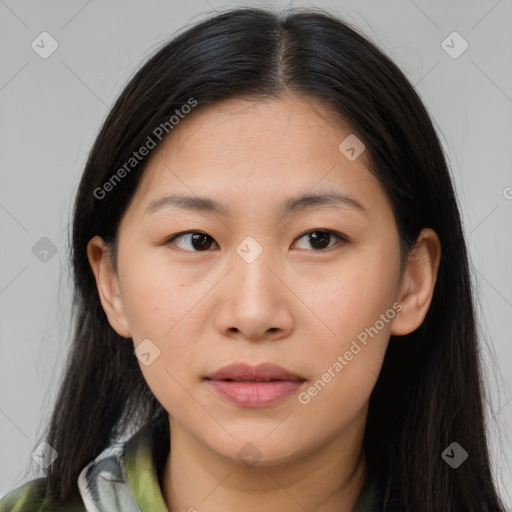 Neutral asian young-adult female with long  brown hair and brown eyes