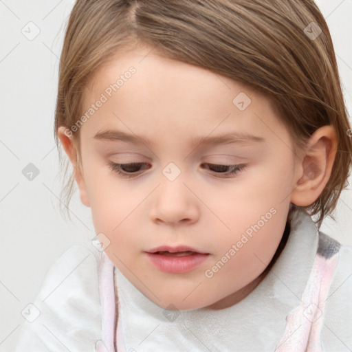 Joyful white child female with medium  brown hair and brown eyes