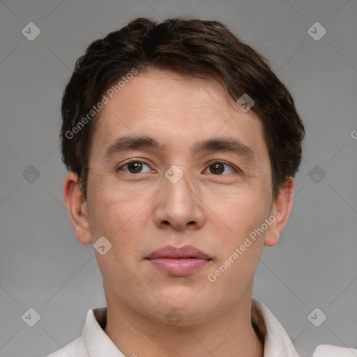 Neutral white young-adult male with short  brown hair and brown eyes