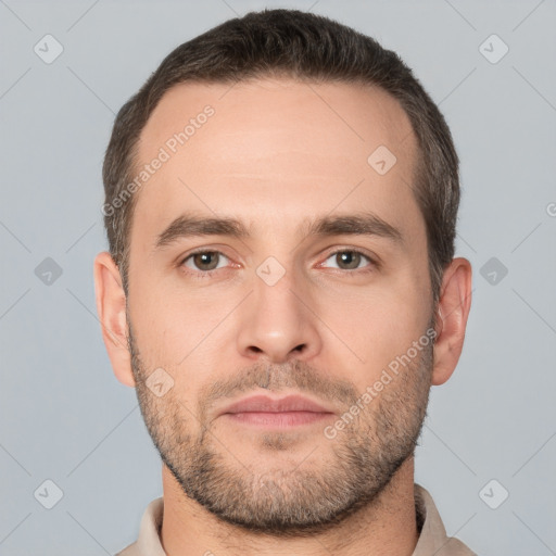 Neutral white adult male with short  brown hair and brown eyes