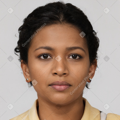 Neutral black young-adult female with short  brown hair and brown eyes