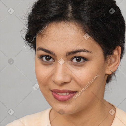 Joyful latino young-adult female with medium  brown hair and brown eyes