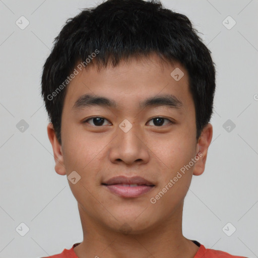 Neutral asian young-adult male with short  black hair and brown eyes