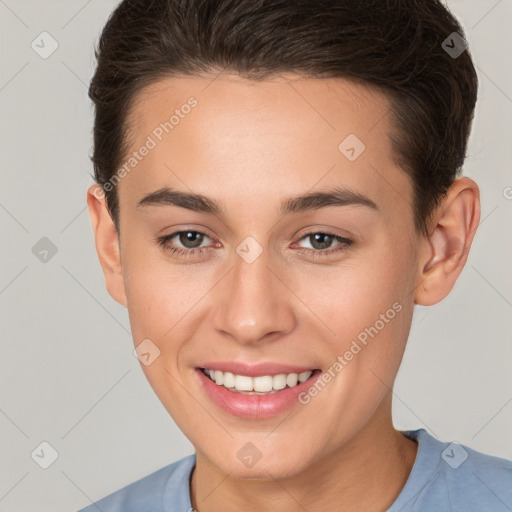 Joyful white young-adult female with short  brown hair and brown eyes