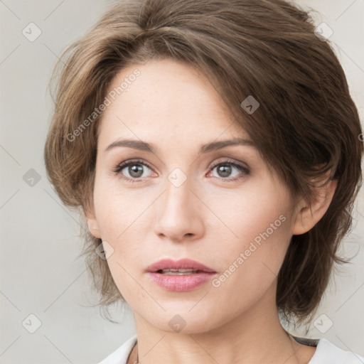 Joyful white young-adult female with medium  brown hair and green eyes