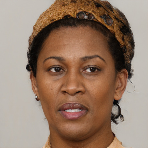 Joyful black adult female with short  brown hair and brown eyes