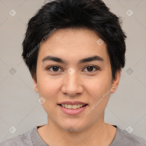 Joyful asian young-adult female with short  black hair and brown eyes