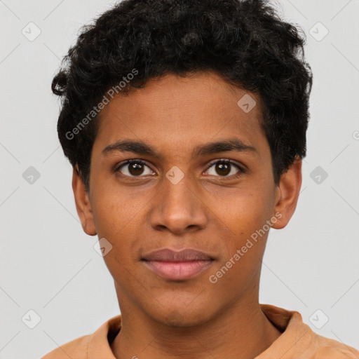 Joyful latino young-adult male with short  brown hair and brown eyes