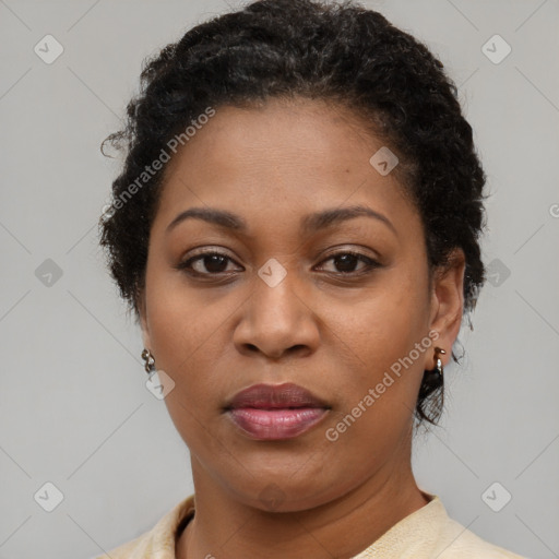 Joyful black adult female with short  brown hair and brown eyes