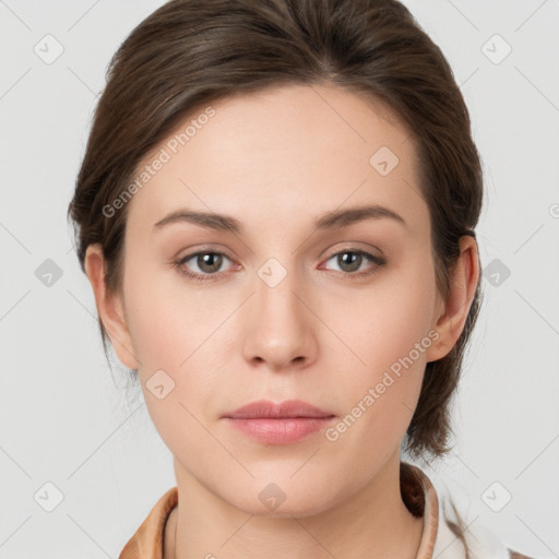 Neutral white young-adult female with medium  brown hair and grey eyes