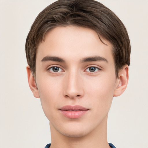 Neutral white young-adult male with short  brown hair and brown eyes