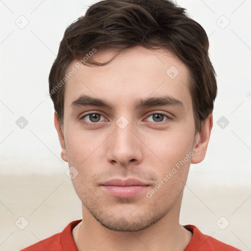 Neutral white young-adult male with short  brown hair and brown eyes