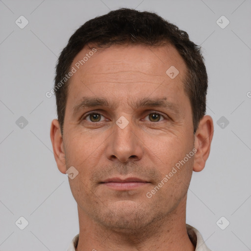 Neutral white adult male with short  brown hair and brown eyes