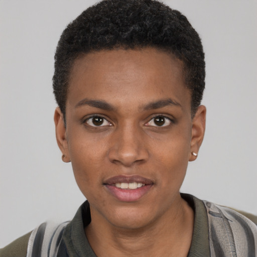 Joyful black young-adult male with short  black hair and brown eyes