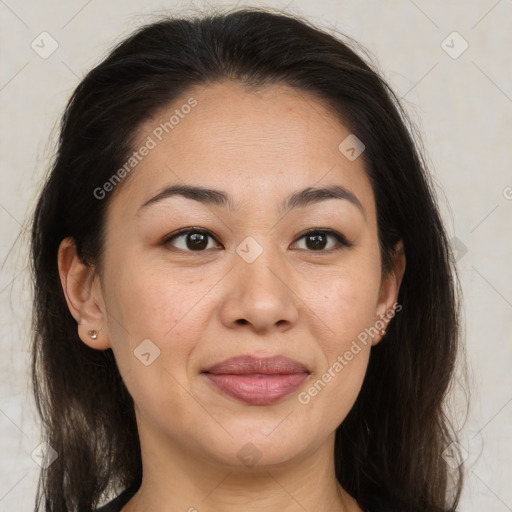 Joyful white adult female with medium  brown hair and brown eyes