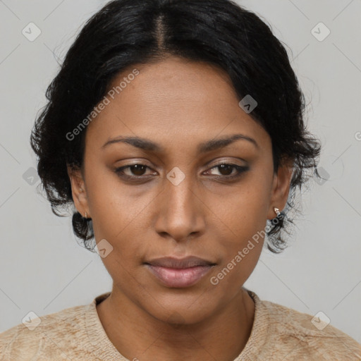 Neutral black young-adult female with short  black hair and brown eyes