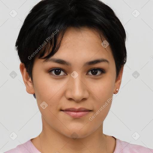 Joyful latino young-adult female with short  brown hair and brown eyes