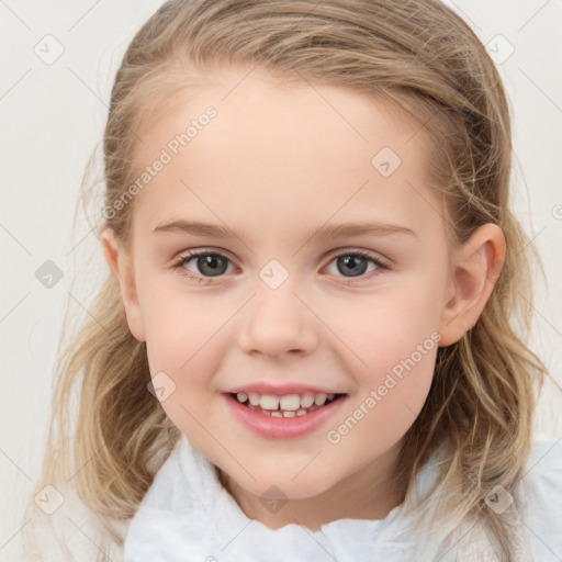 Joyful white child female with medium  brown hair and brown eyes