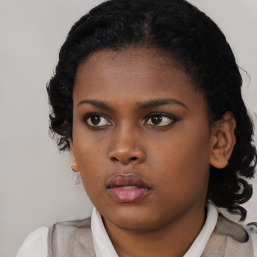 Neutral black young-adult female with short  brown hair and brown eyes