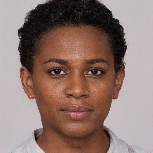 Neutral black young-adult female with short  brown hair and brown eyes