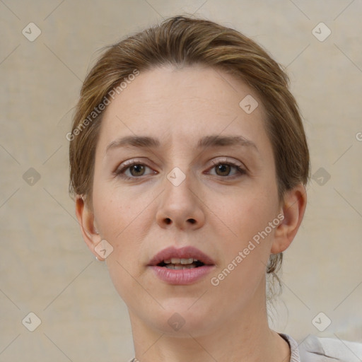 Neutral white young-adult female with medium  brown hair and brown eyes