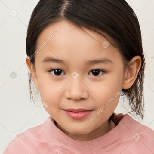 Joyful white child female with medium  brown hair and brown eyes