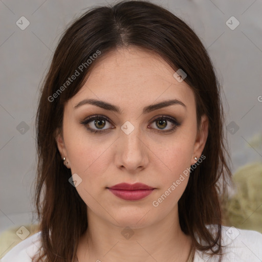 Neutral white young-adult female with medium  brown hair and brown eyes