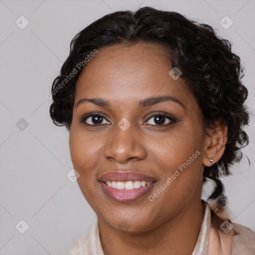 Joyful black young-adult female with medium  brown hair and brown eyes