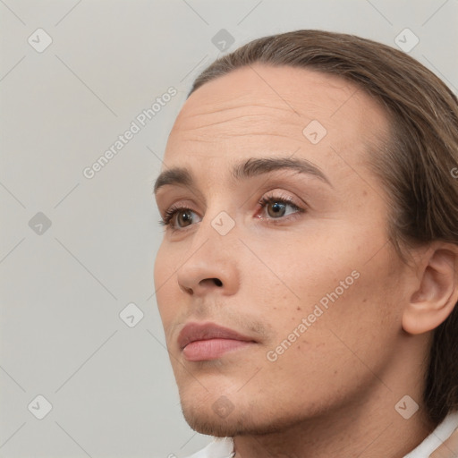 Neutral white young-adult female with short  brown hair and brown eyes