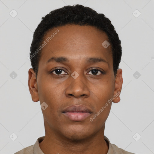 Neutral black young-adult male with short  black hair and brown eyes