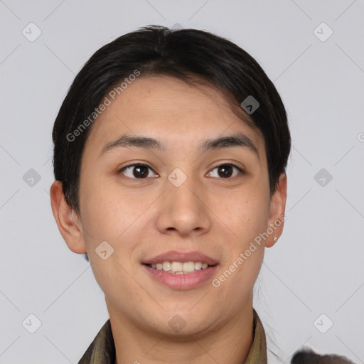 Joyful white young-adult female with short  brown hair and brown eyes