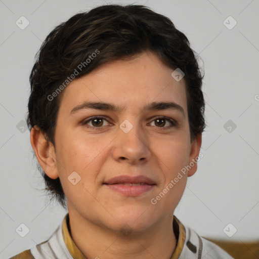 Joyful white young-adult female with short  brown hair and brown eyes