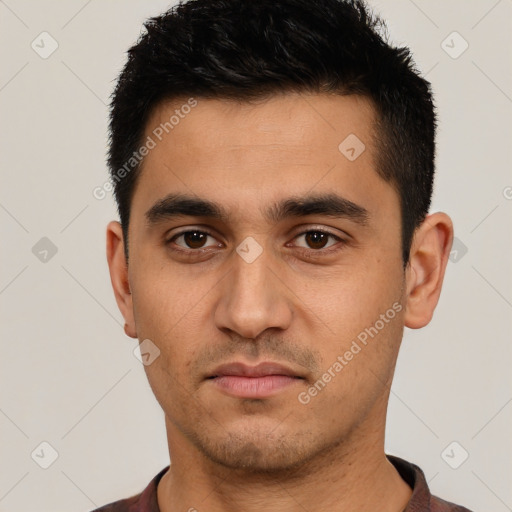 Neutral latino young-adult male with short  black hair and brown eyes