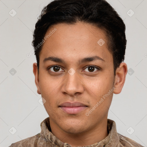 Neutral white young-adult male with short  brown hair and brown eyes